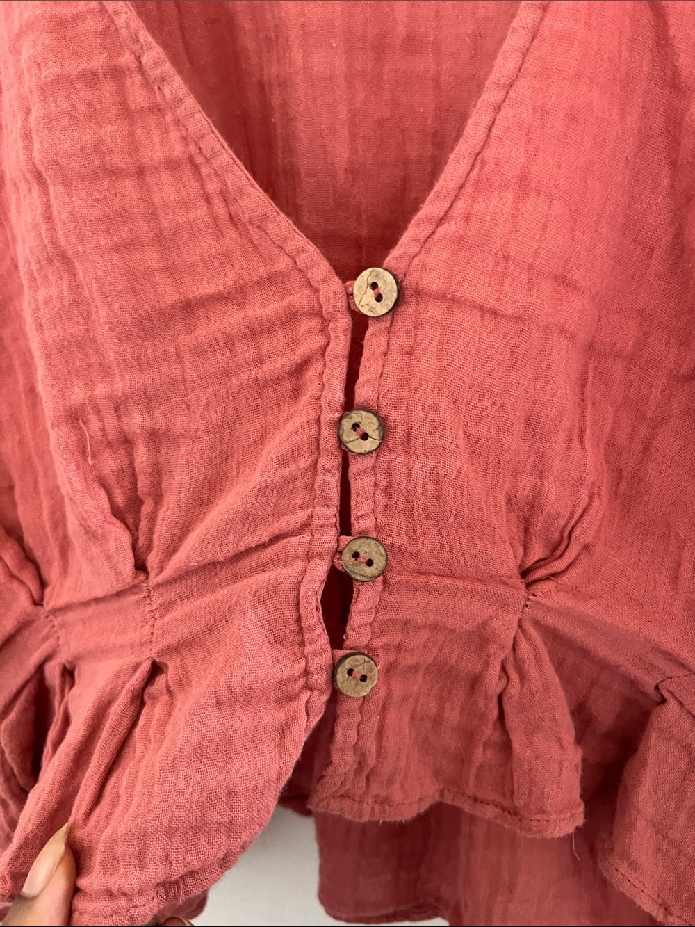 Rust Red Ruffled V-Neck Button-Front Women’s Top - Picture 3 of 7